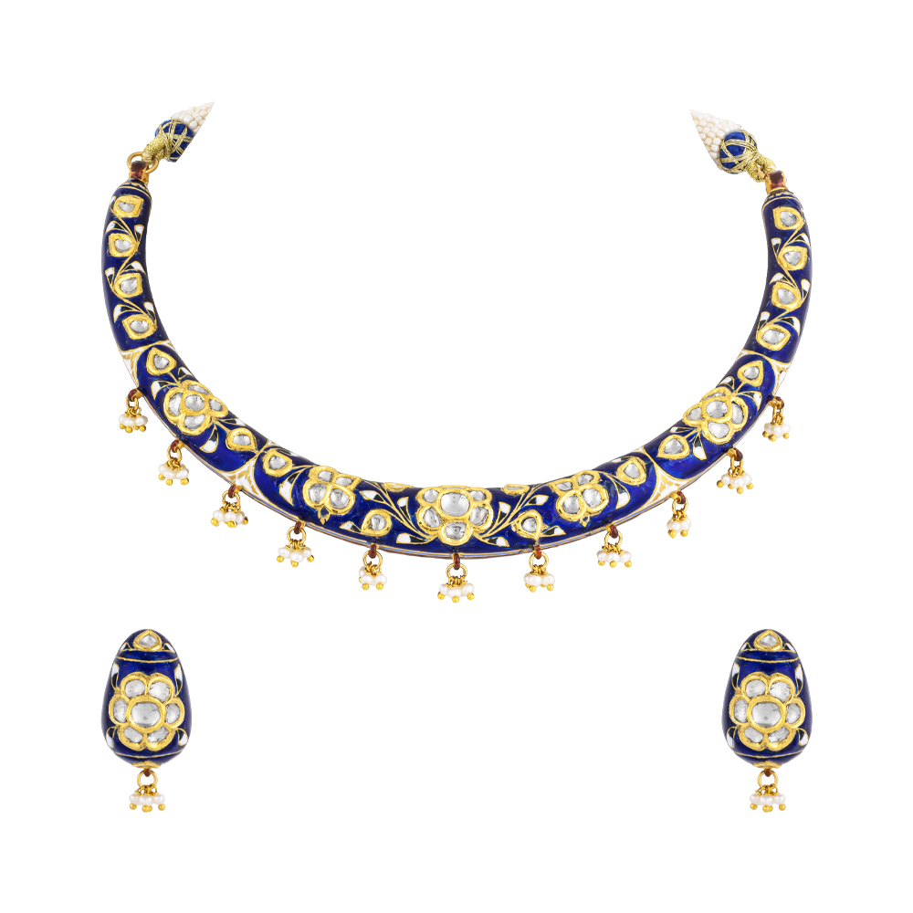 Blue Enamel Hasli Necklace Set with Polki Floral Motifs & Pearls
